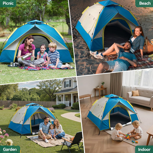 Warmiehomy Camping Tent, 3-4 Person Pop up Tent, Automatic Waterproof Dome Tent with 2 Mesh Doors, 2 Mesh Windows, Roof Skylights, Outdoor Camping Tents for Garden Fishing Picnic