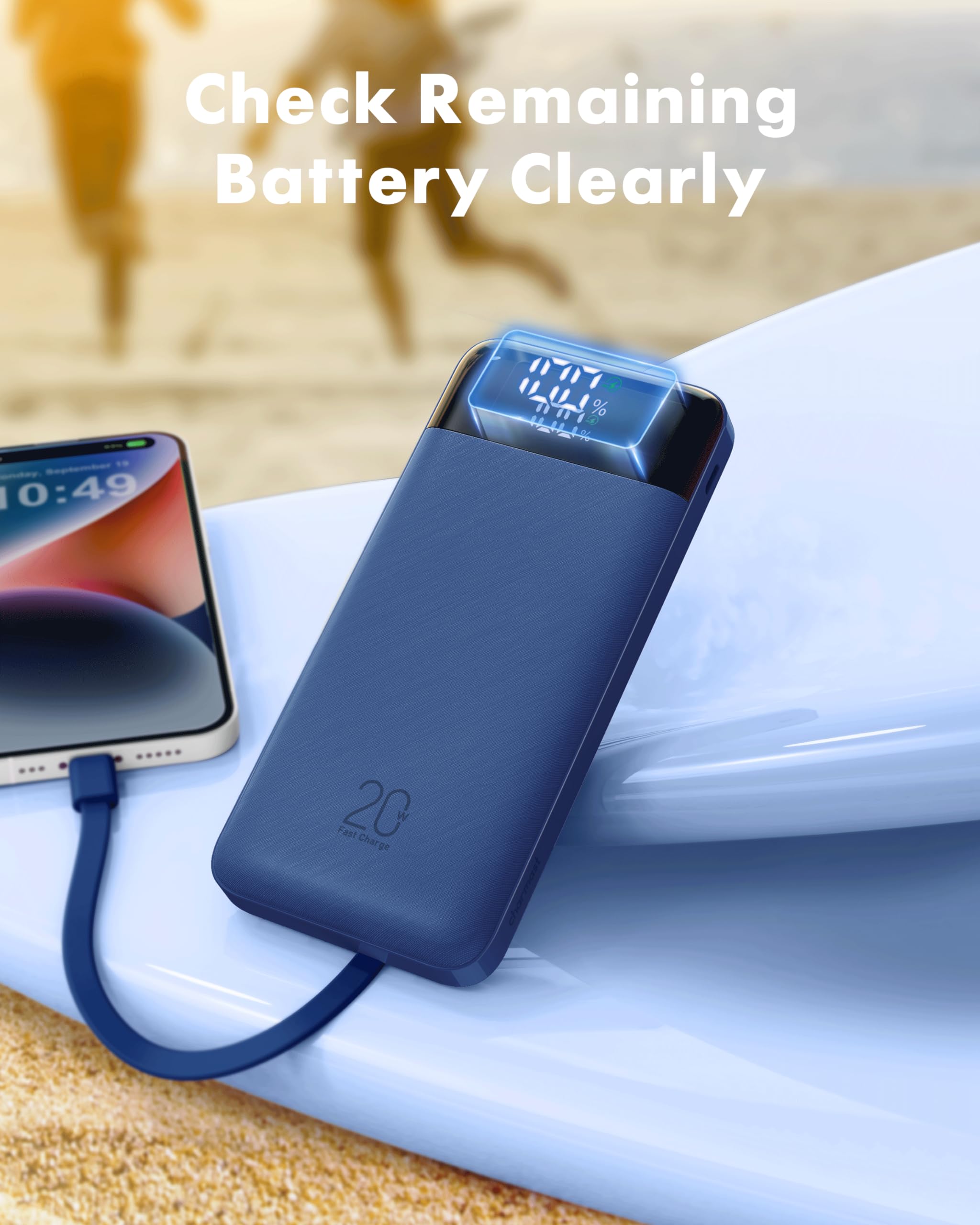 Charmast Power Bank 20000mAh with built-in Cables,Fast Charging 20W PD QC Quick Charge Portable Charger USB C compatiable with Smartphones Tablets and More