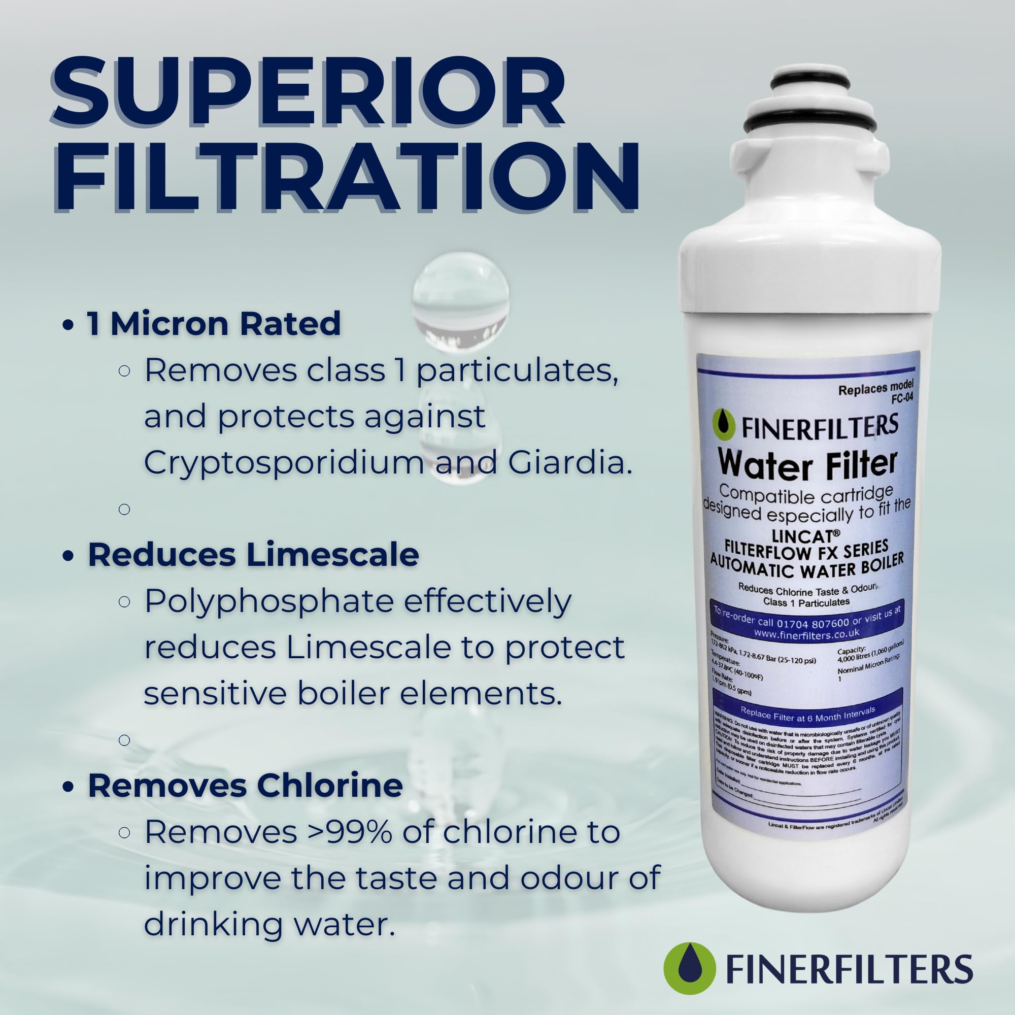 Finerfilters FC04 Water Filter Compatible with All Lincat FilterFlow FX Series Automatic Water Boilers Including EB3FX, EB4FX, EB6FX, EB6TFX,