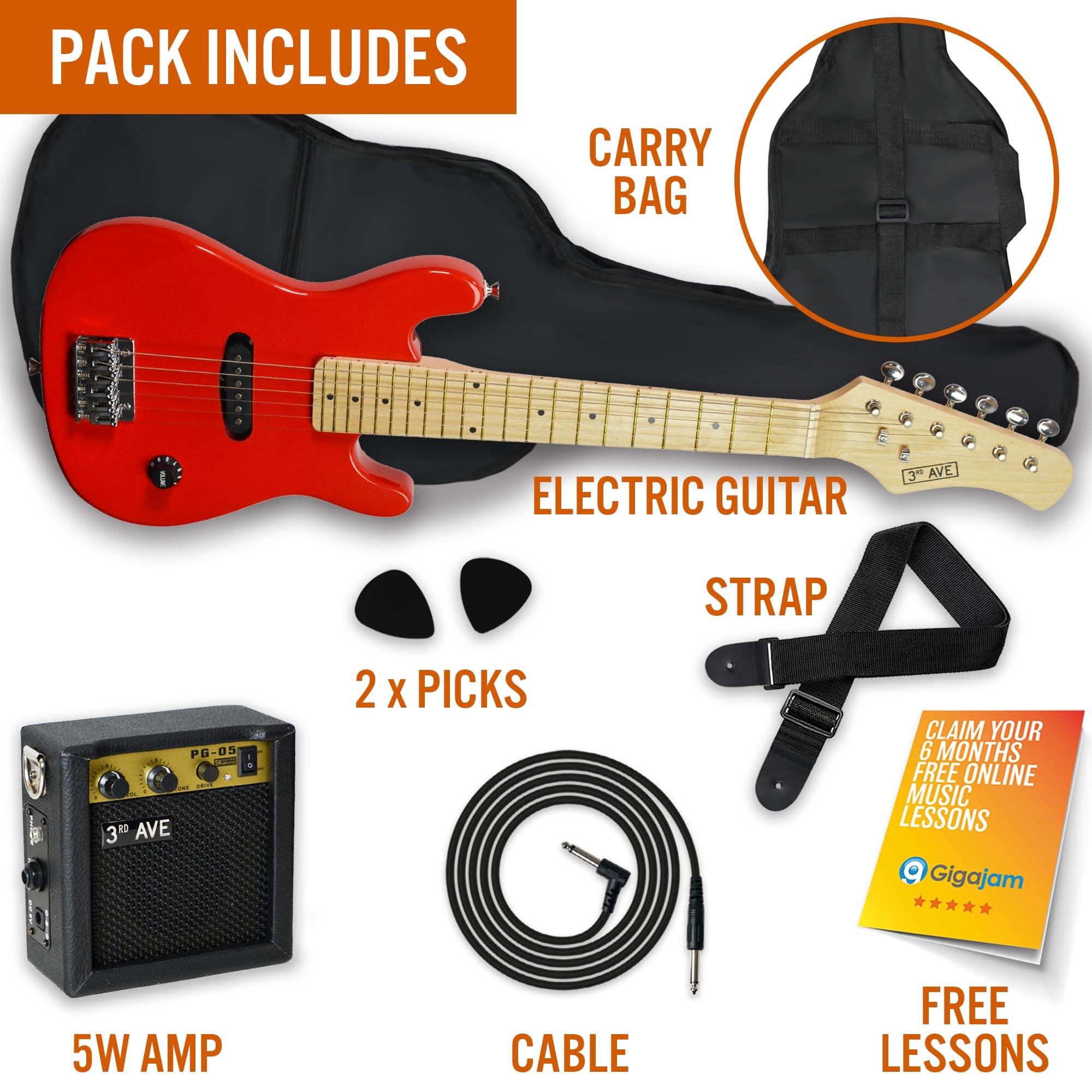 3rd Avenue 1/4 Size Kids Electric Guitar Pack for Junior Beginners - 6 Months FREE Lessons, 5W Portable Amp, Cable, Bag, Picks and Strap - Red