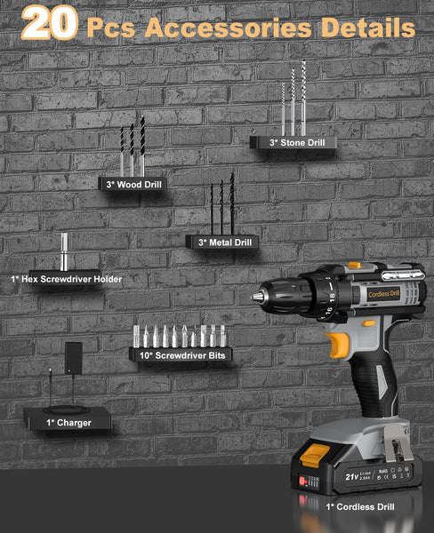 LEEIKOO Cordless Drill, 21V Electric Drill 42N.m with 2.0Ah Battery, Combi Set 10mm Chuck, 2 Speeds, 18+1 Torque, LED Light, 20pcs Drill Set for Garden DIY Project, Grey