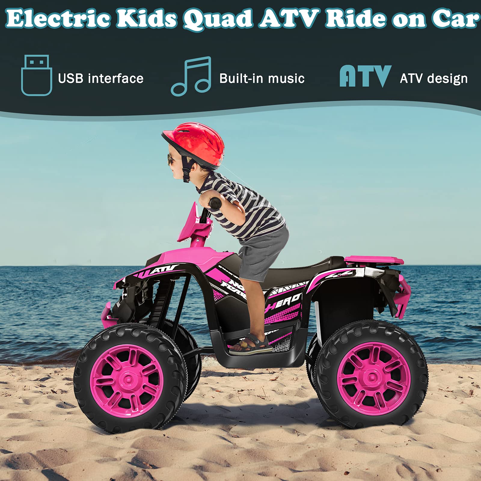 GYMAX Kids Electric Quad Bike, Children Ride On ATV with Bluetooth, Lights, Music, Horn, High/Low Speeds and Slow Start, 12 V Battery Powered Toy Car for 3-7 Years Boys Girls (Blue)