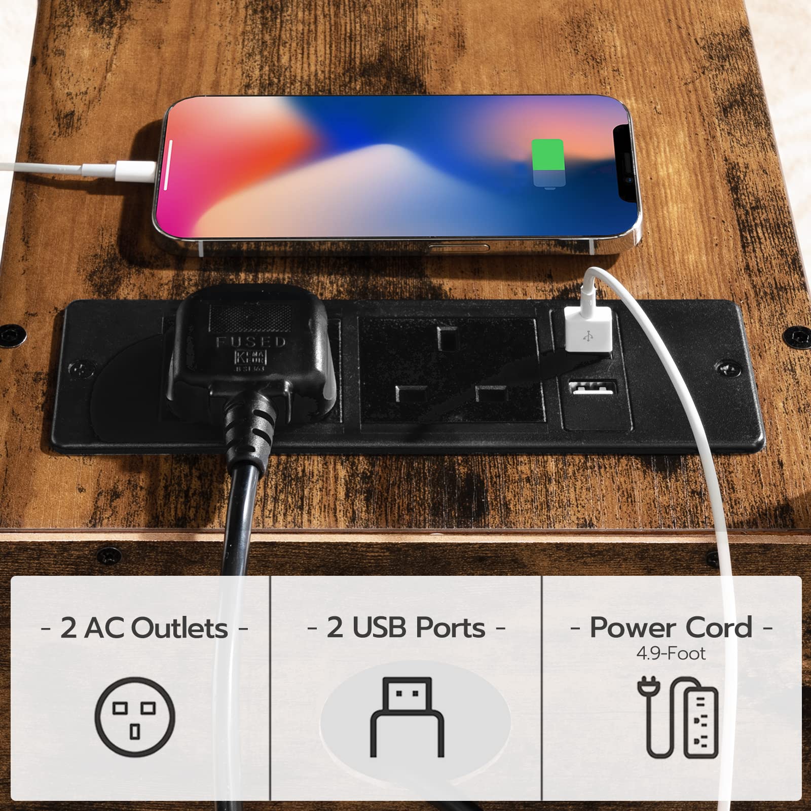 HOOBRO Side Table, Narrow Bedside Table with Charging Station, USB Ports and Power Outlets, Slim Side Table for Small Spaces, 2 Drawers, Industrial