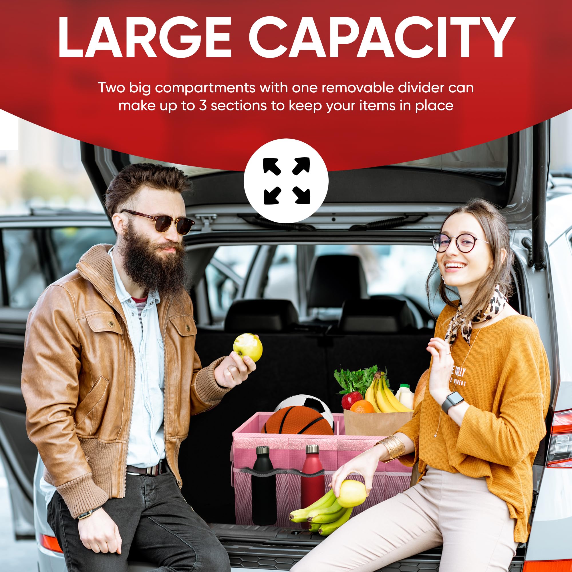 FORTEM Car Boot Organiser, Collapsible Multi Compartment SUV Organizer, Foldable Storage for Car Accessories for Women Men, 600D Oxford, Non Slip Bottom, Securing Straps, Soft Cover (50L)