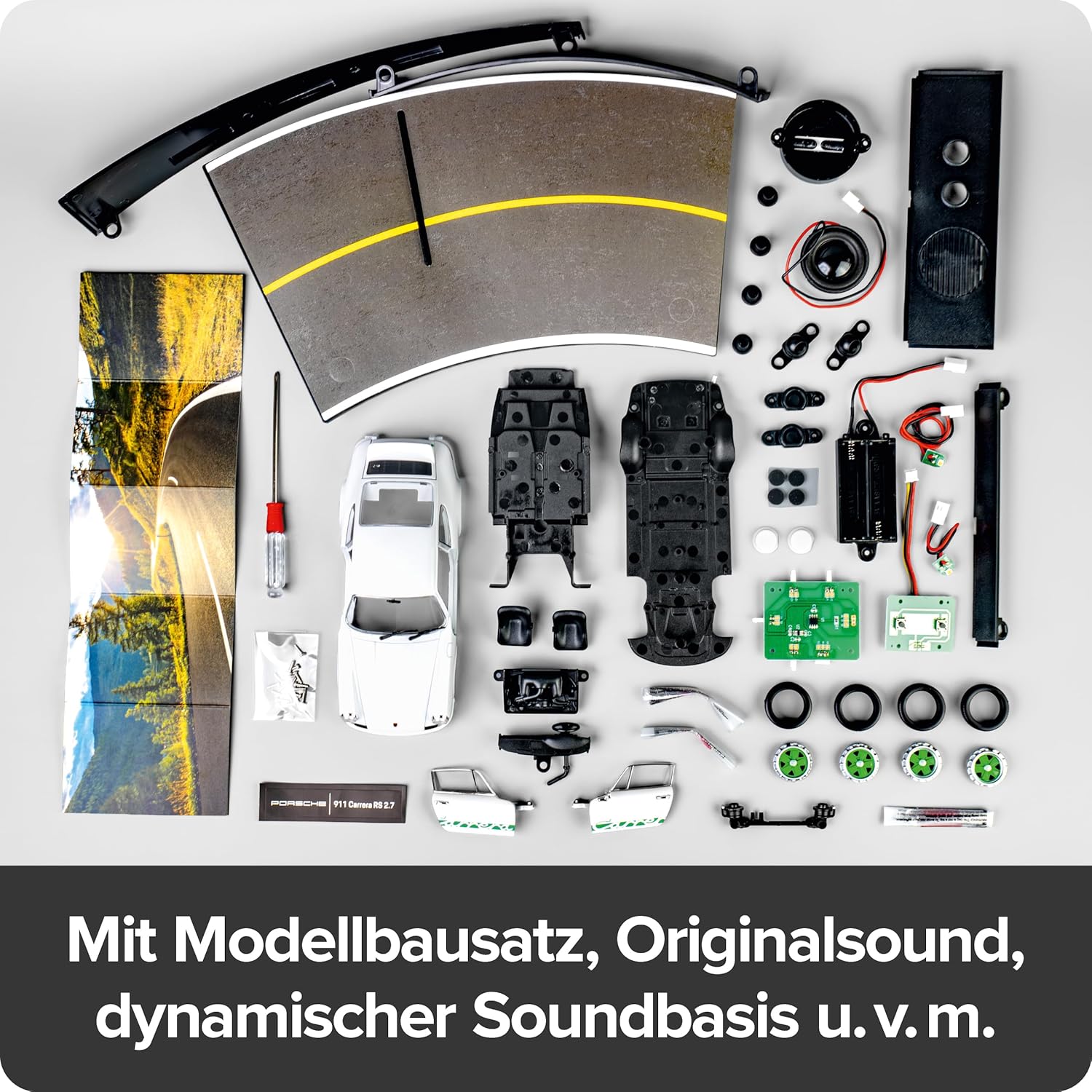 FRANZIS 67267 Porsche 911 Carrera RS 2.7 Build Your Legend Detailed Model Kit Including Sound Module, LED Lighting, Accompaniment Book