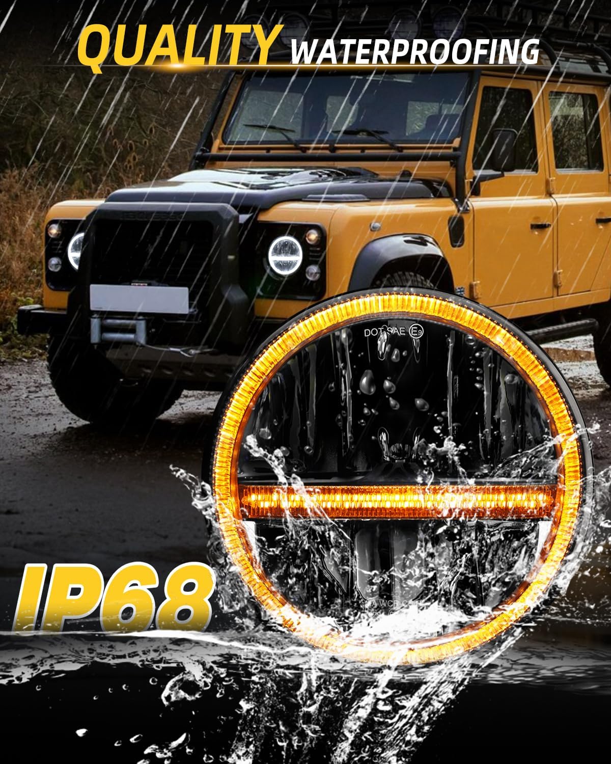 CO LIGHT 2PCS 7 Inch LED Headlight Round Amber Turn Signal White DRL High/Low Beam E-Mark Approved Compatible with Wrangler JK LJ TJ CJ 1965-1978 Escort Mk1（H4-H13 Adapter Included）