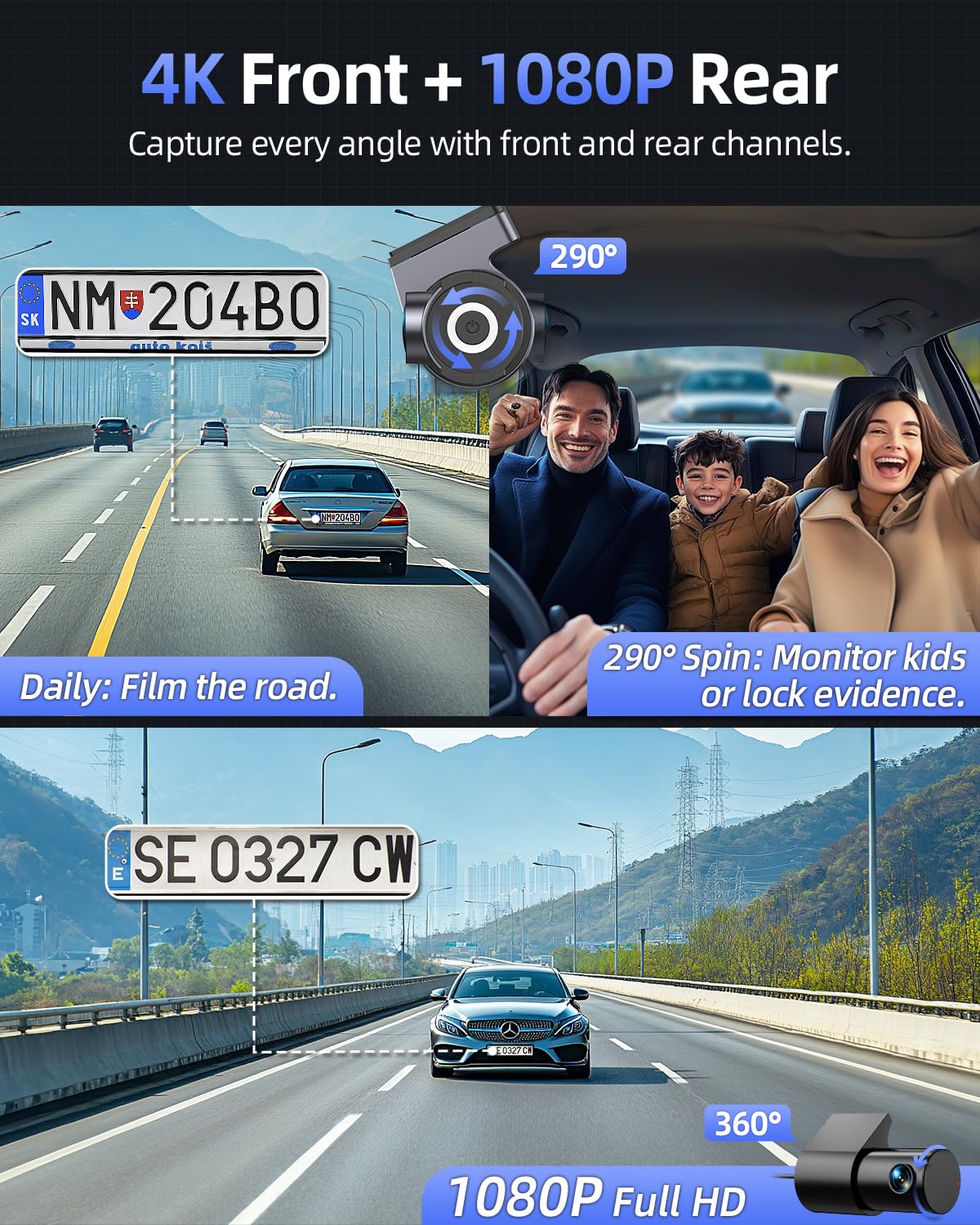 CIEVIE Dash Cam Front and Rear, 4K Dashcam with 64GB SD Card for Cars, 1.5’’IPS Dual Car Camera with 5Ghz Wi-Fi, 24/7 Parking Mode, G-Sensor, Night Vision, 170° Wide Angle, Loop Recording, App Control