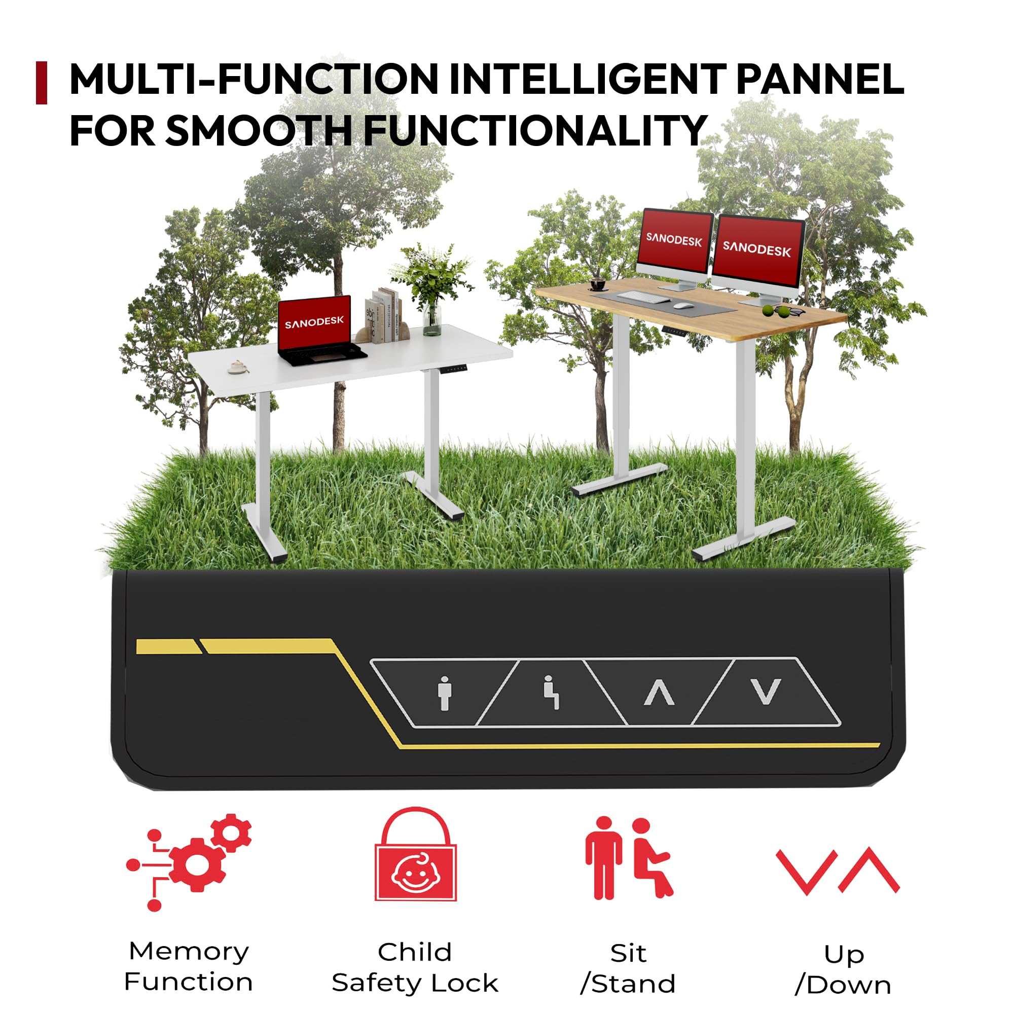 SANODESK QS1+140 * 60 Electric Standing Desk Height Adjustable Standing Desk With Memory Smart Panel Sit Stand Table With Hooks and Cupholder for Home Office （Black Frame+ Black Desktop）