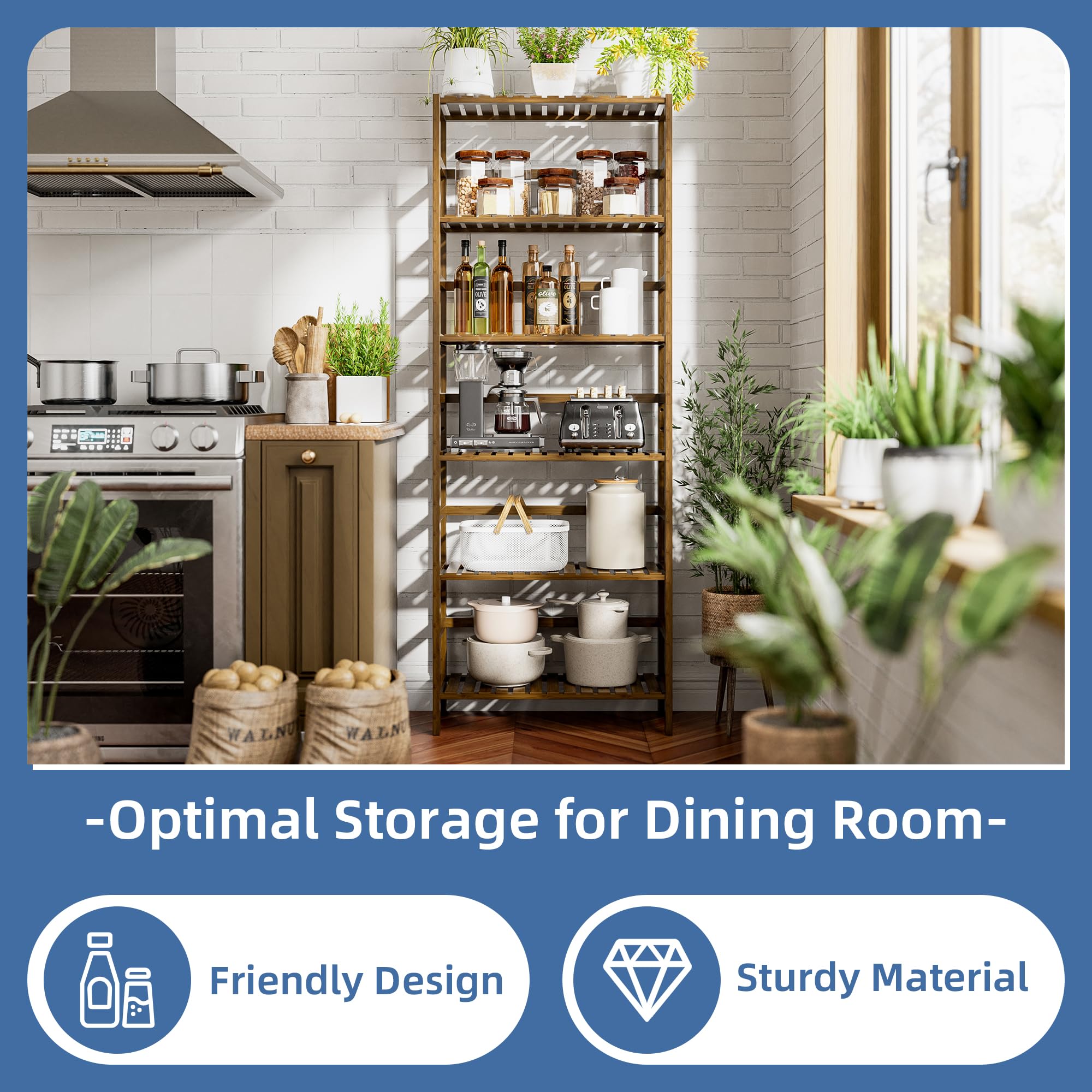 HITNET Bookcase, Bamboo Bookshelf, 6-Tier Adjustable Tall Open Book Shelf, Free Standing Storage Shelves Organizer, Flower Plant Display Stand, Walnut