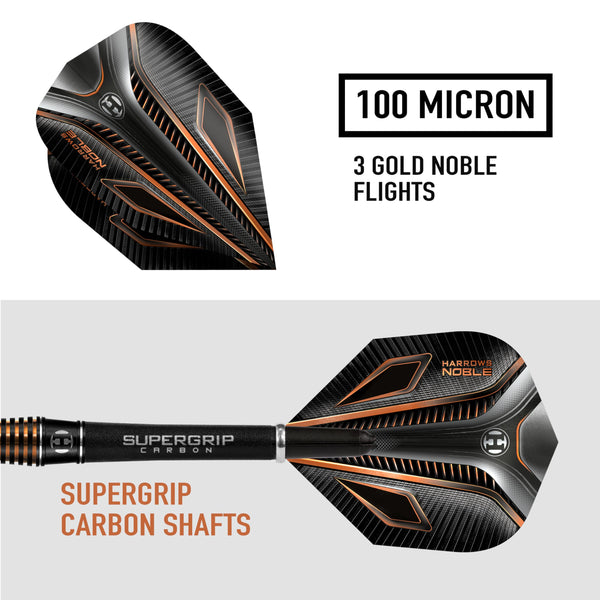 Harrows Noble 90% Tungsten Steel Tip Darts Set 22g, 23g, 24g & 25g - Includes Silver Supergrip Carbon Shafts & Micron Noble Flights (22g)