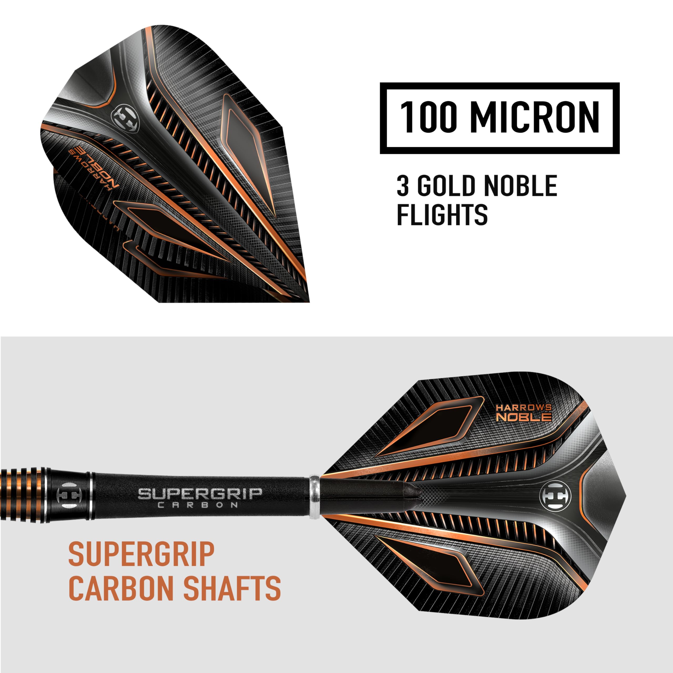 Harrows Noble 90% Tungsten Steel Tip Darts Set 22g, 23g, 24g & 25g - Includes Silver Supergrip Carbon Shafts & Micron Noble Flights (23g)