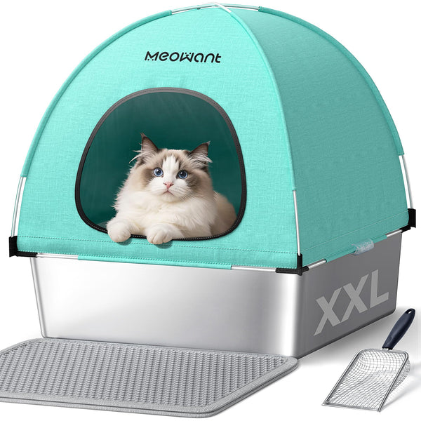 MeoWant Cat Litter Box Stainless Steel, Enclosed Litter Pan for Big Cat with Cloth Cover Canopy, Never Absorbs Odor, Non Stick Surface, XXL Extra Large Litter Tray, Detachable, Easy Clean, White