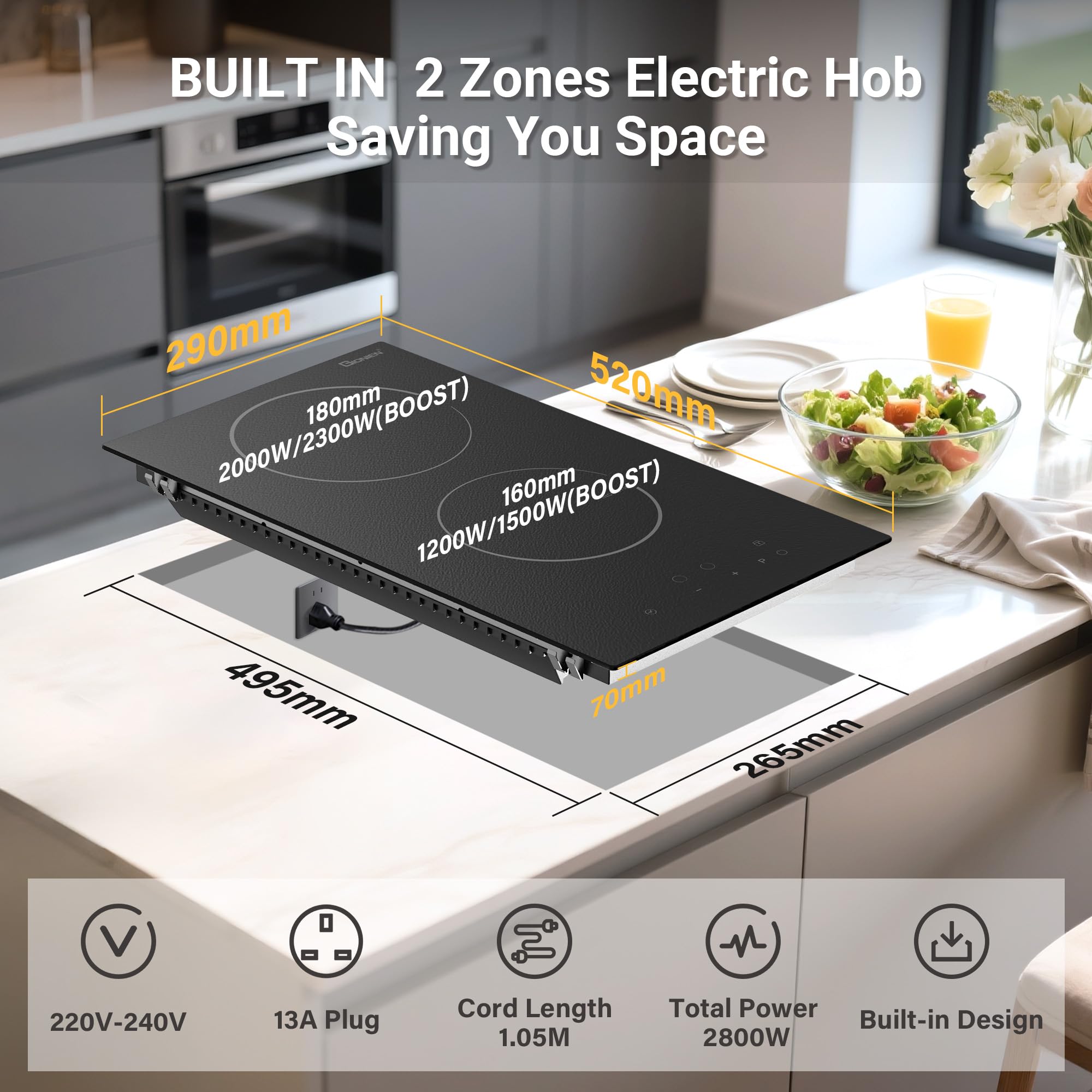 GIONIEN Plug in Induction Hob 2 Rings,Domino Hobs,30cm Electric Cooktop 2800W 13 Amp, Built in Worktop,Black Glass Smooth Worktop,Double Induction Cooker GIT230SP