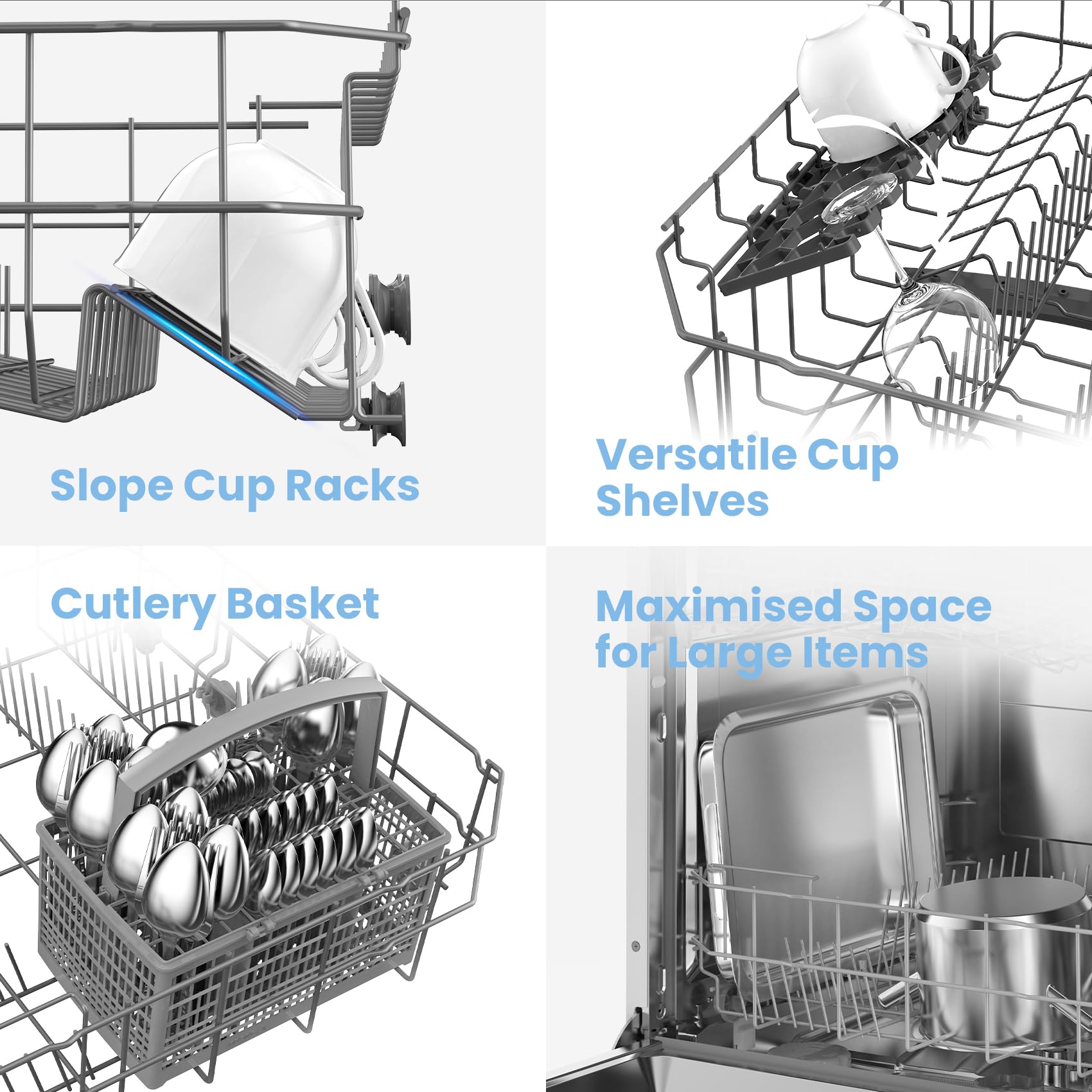 COMFEE' Freestanding Dishwasher FD1435E-X with 14 place settings, Full Size, Whisper Quiet 44dB, Wide LED Display, Delay Start, Half Load Function, Flexible Racks, Stainless Steel