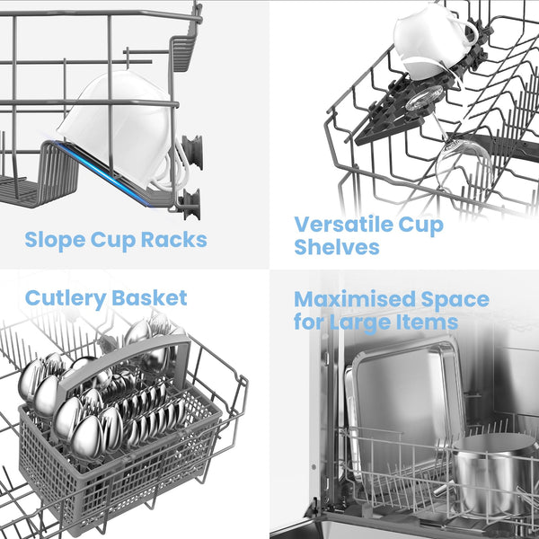 COMFEE' Freestanding Dishwasher FD1435E-X with 14 place settings, Full Size, Whisper Quiet 44dB, Wide LED Display, Delay Start, Half Load Function, Flexible Racks, Stainless Steel