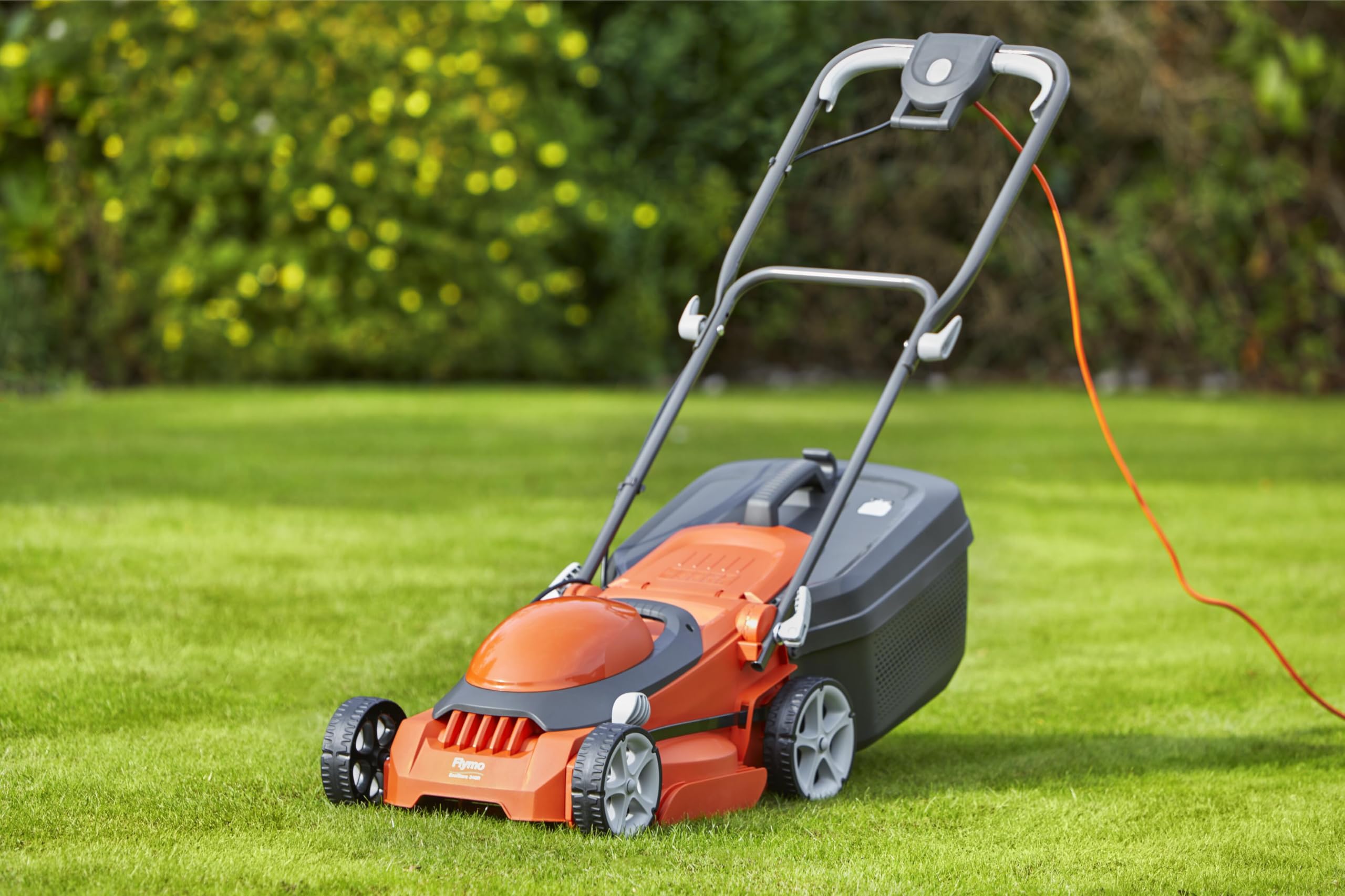 Flymo EasiStore 380R Electric Rotary Lawn Mower - 38 cm Cutting Width, 45 Litre Grass Box, Close Edge Cutting, Rear Roller, Central Height Adjust, Space Saving Storage Features
