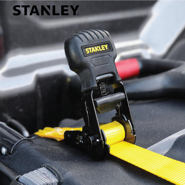 STANLEY S1007 Black/Yellow 1.5" x 16' Ratchet Tie Down Straps - 1,100 lb Safe Working Load / 3,300 lb Break Strength, 2 Pack