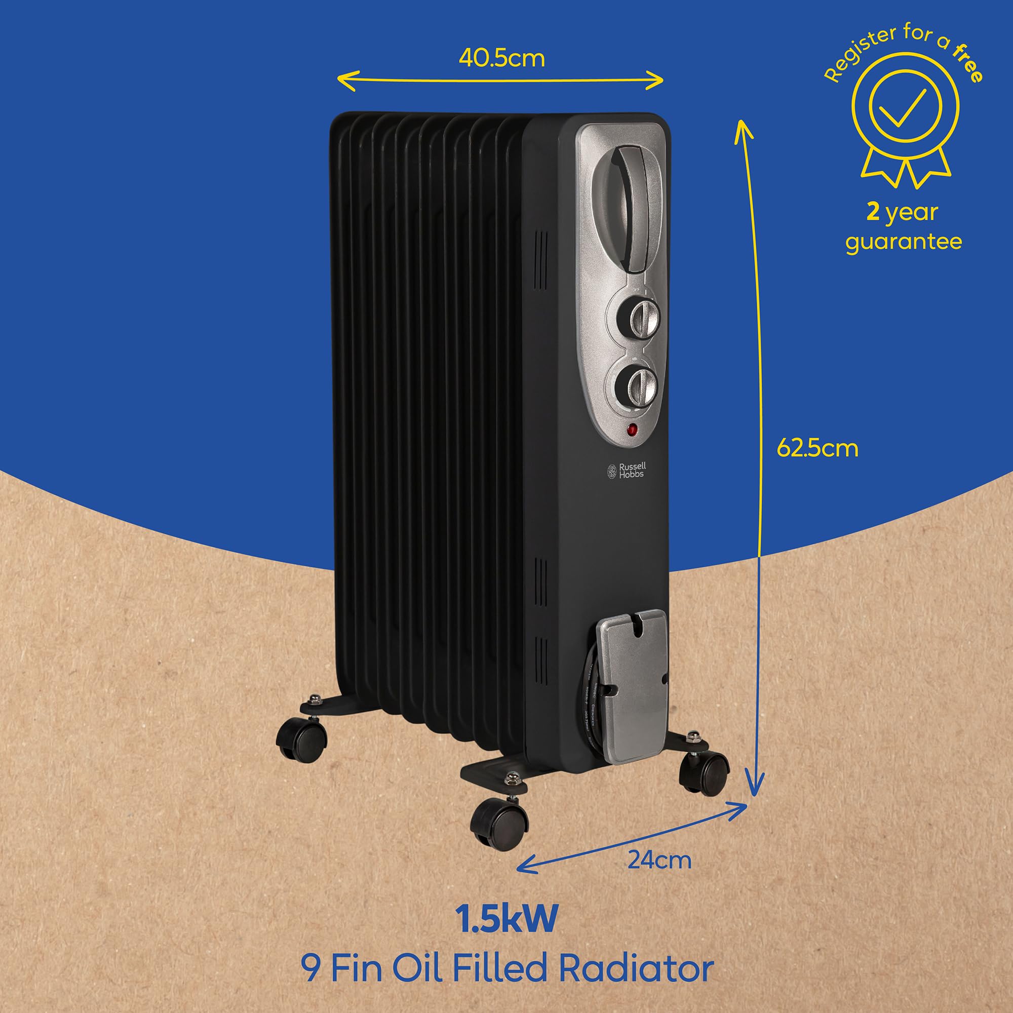 Russell Hobbs 1500W/1.5KW Oil Filled Radiator, 7 Fin Portable Electric Heater - White, Adjustable Thermostat with 3 Heat Settings, Safety Cut-off, 15 m sq Room Size, RHOFR5001, 2 Year Guarantee