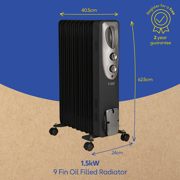 Russell Hobbs 1500W/1.5KW Oil Filled Radiator, 7 Fin Portable Electric Heater - White, Adjustable Thermostat with 3 Heat Settings, Safety Cut-off, 15 m sq Room Size, RHOFR5001, 2 Year Guarantee