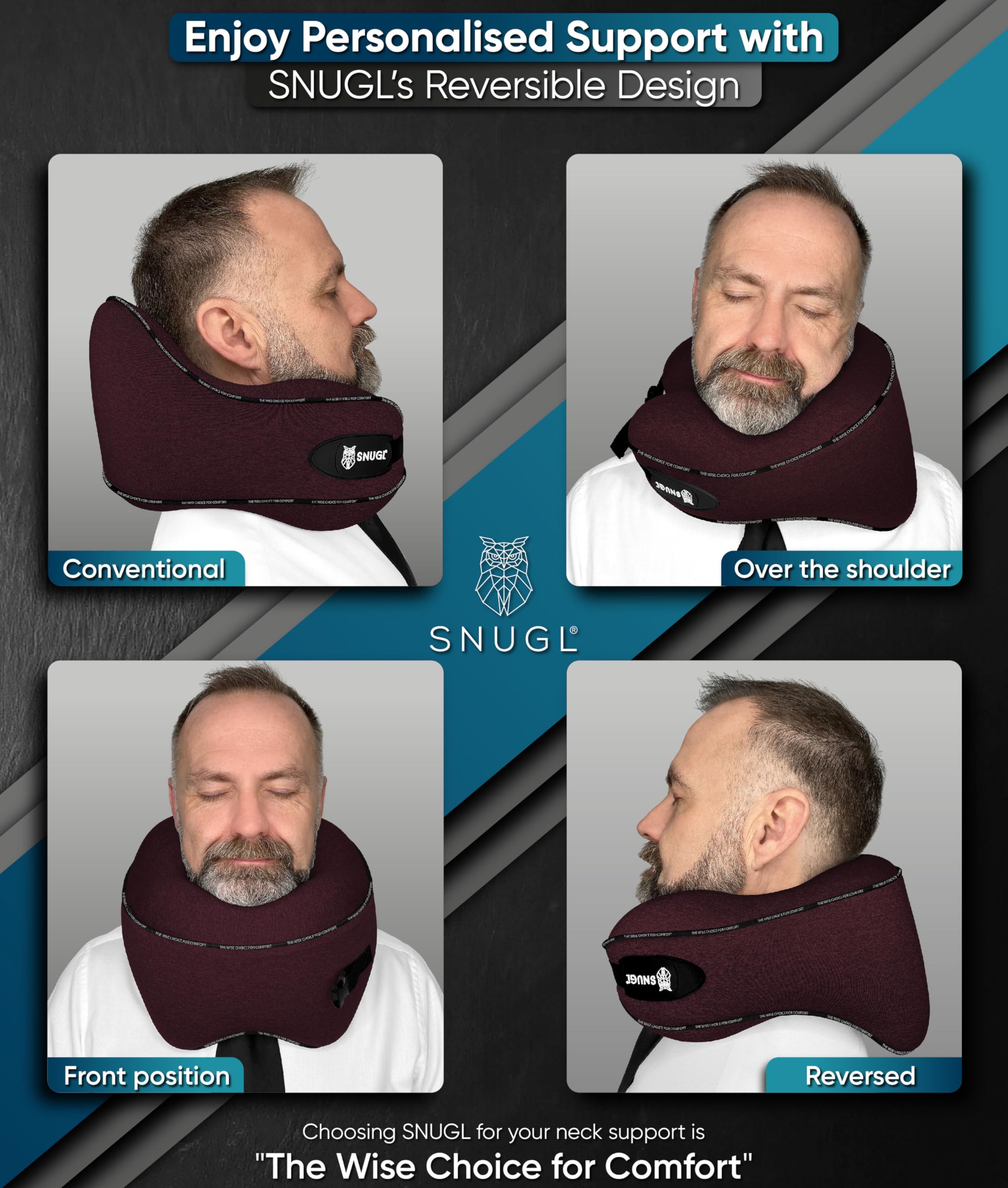 SNUGL Travel Pillow – Memory Foam Neck Pillow for Travel – Support Cushion for Airplane with Carry Bag & Clip - Holiday Essentials (Black - Adult Regular)