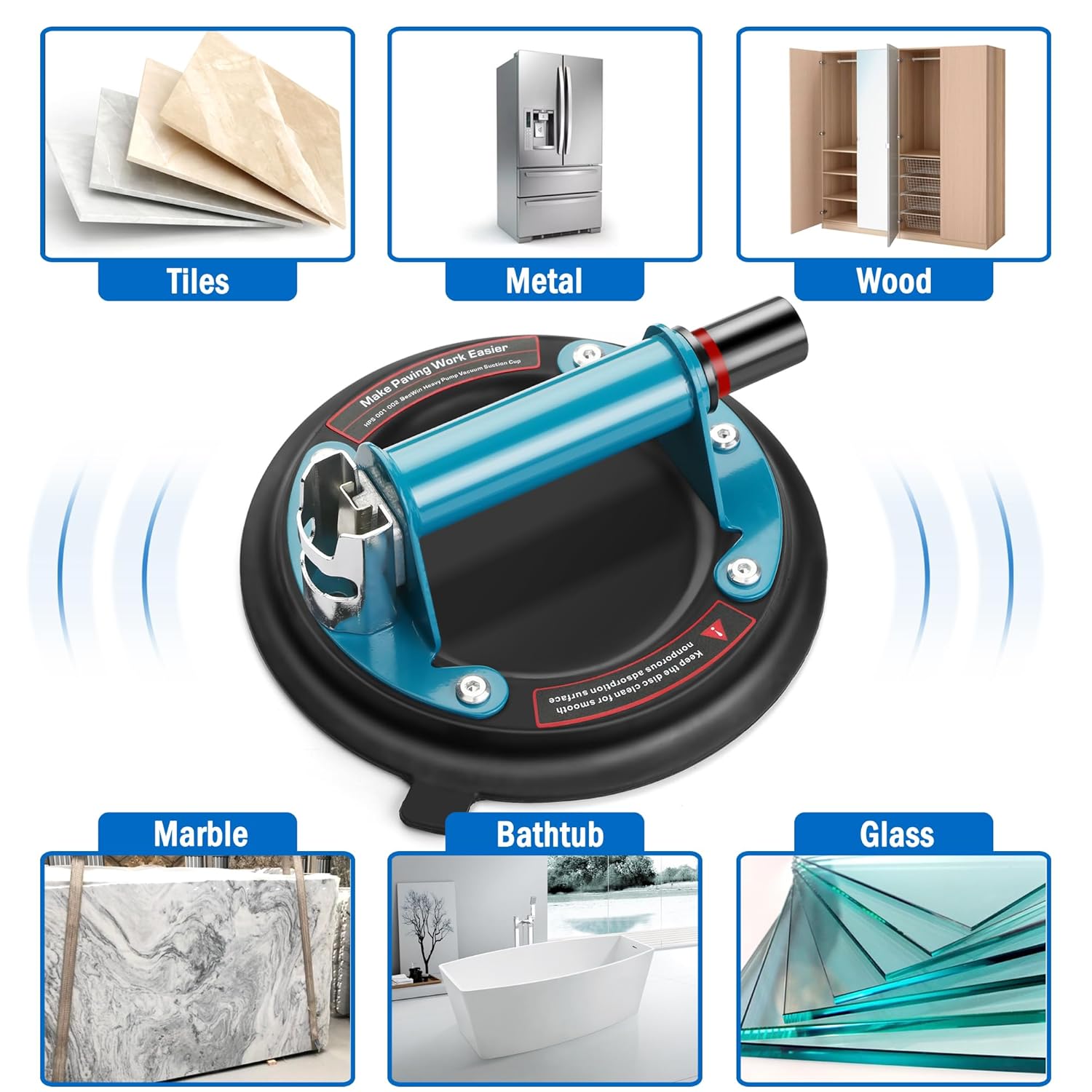 Glass Suction Cups 2 Pack with Metal Handle, 8'' Glass Suckers Lifters Heavy Duty Glass Vacuum Suction Cup, Glass Suction Lifter for Moving Glass/Window/Tile/Marbles, 220KG/480lbs Load Capacity, Blue