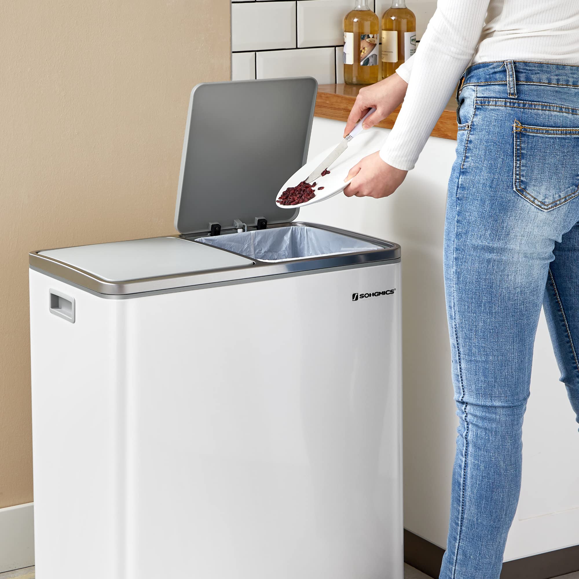 SONGMICS Dual Rubbish Bin, 2 x 30 L Recycling Bin with 15 Rubbish Bags, 2-Compartment Metal Pedal Bin with Lids and Plastic Inner Buckets, Soft Closure, Slate Grey LTB060G01