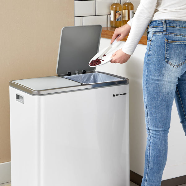 SONGMICS Dual Rubbish Bin, 2 x 30 L Recycling Bin with 15 Rubbish Bags, 2-Compartment Metal Pedal Bin with Lids and Plastic Inner Buckets, Soft Closure, Slate Grey LTB060G01