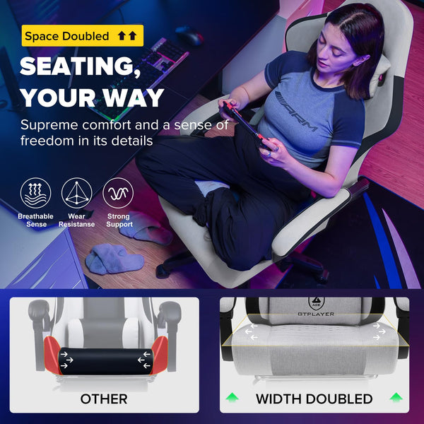 GTPLAYER Fabric Gaming Chair with Footrest, Ergonomic Computer Desk Chair with Pocket Spring Cushion Home Office High Back Support Lumbar Support Heavy Duty Wide