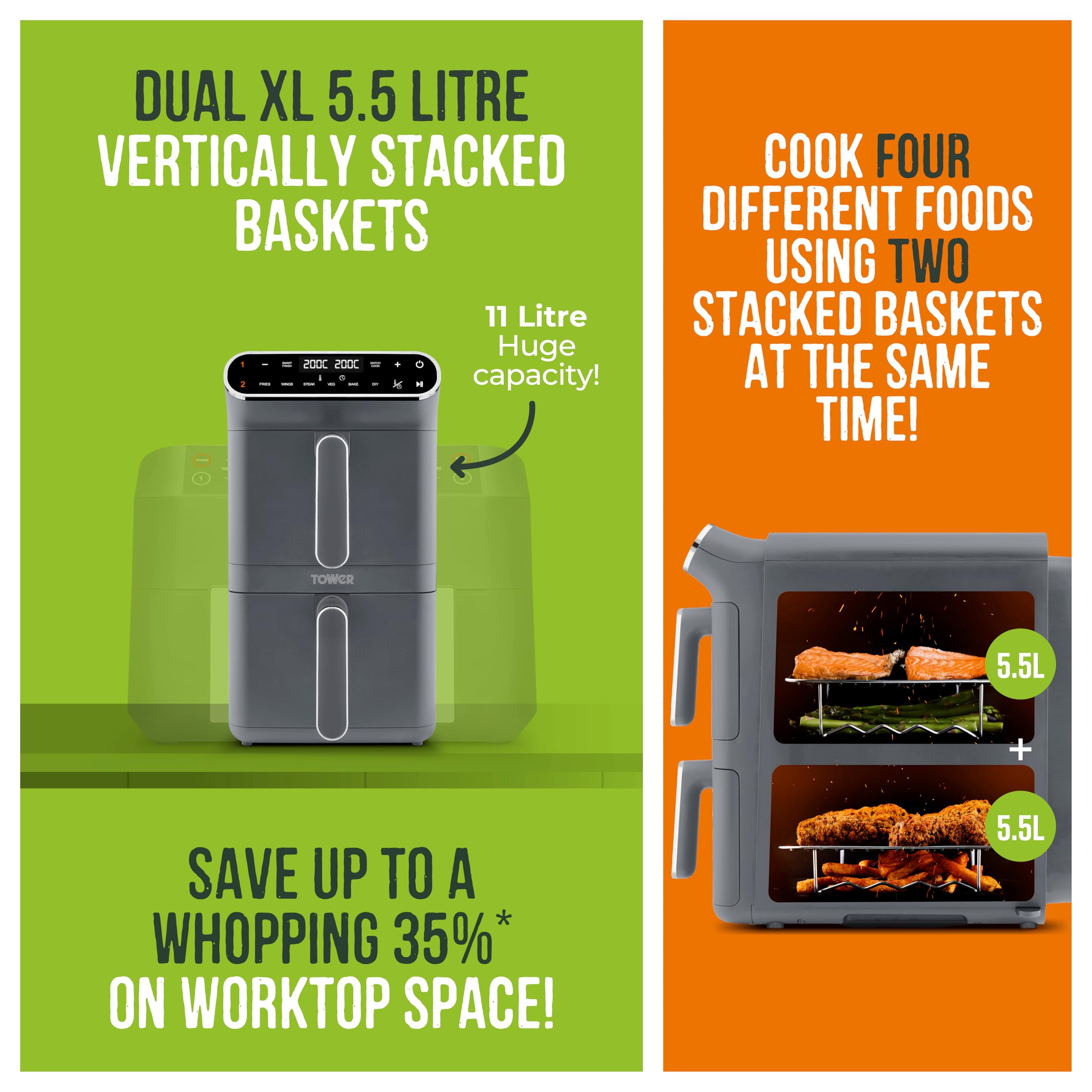 Tower T17190GRP Vortx XL Dual Stack Air Fryer with Digital Control Panel, Space Saving Design, 6 Preset Cooking Modes, Match Cook & Smart Finish Functions, 2460W, 11L, Graphite with Chrome Trim