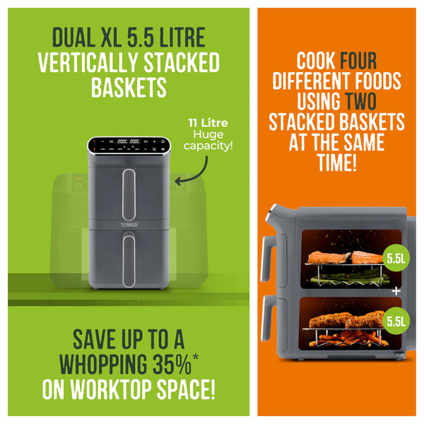 Tower T17190GRP Vortx XL Dual Stack Air Fryer with Digital Control Panel, Space Saving Design, 6 Preset Cooking Modes, Match Cook & Smart Finish Functions, 2460W, 11L, Graphite with Chrome Trim