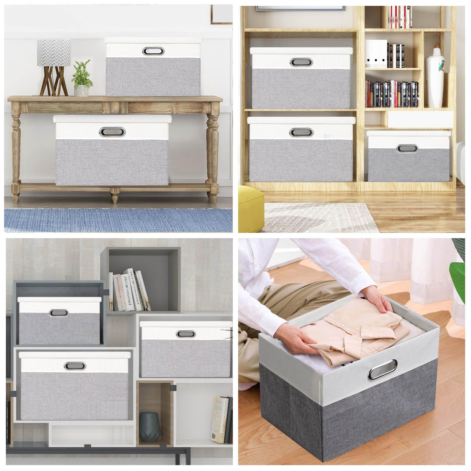 Febzoce Storage Boxes with Lids, Storage Baskets for Shelves Foldable Fabric Storage Bins Organizer for Home and Office Light Grey and White Extra