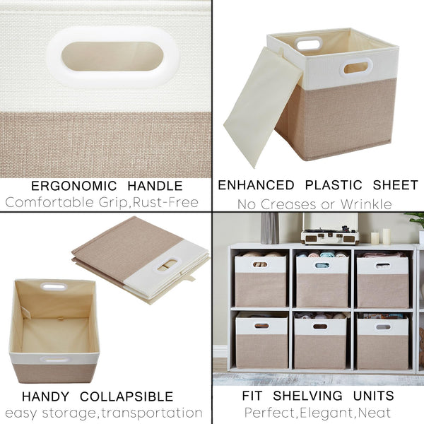 Mangata Cube Storage Boxes 25x25x25 cm, Fabric Storage Cube Baskets for Clothes Bins, Baskets, Chests,Toys (Lihgt Khaki White, 4Pcs)