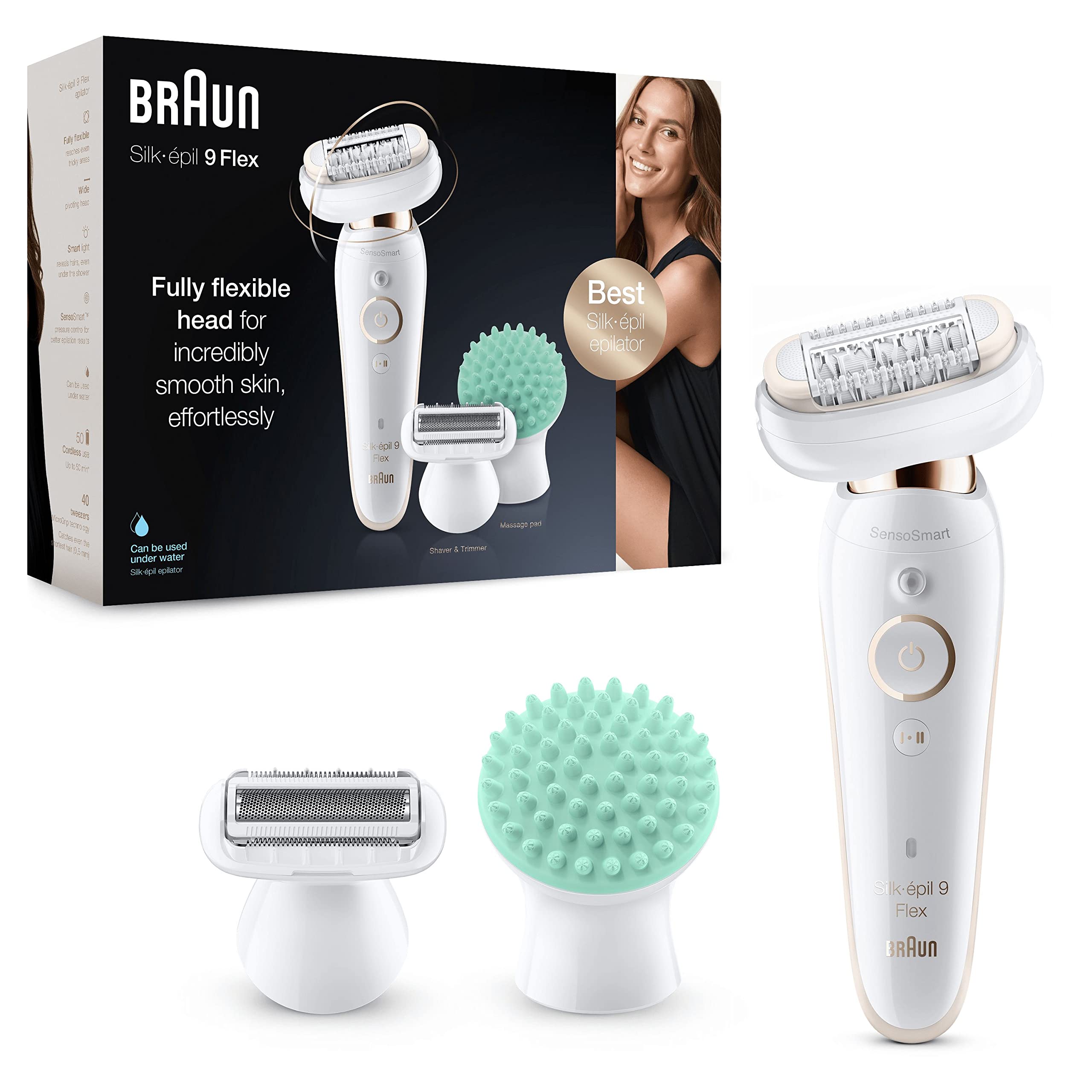 Braun Silk-épil 9 Flex SkinSpa, Epilator with 360° Flexible Head for Easy Hair Removal, Wet & Dry, Lasting Smooth Skin, All-in-One Kit, with Body Mini Shaver, SES9-481 3D, White/Gold