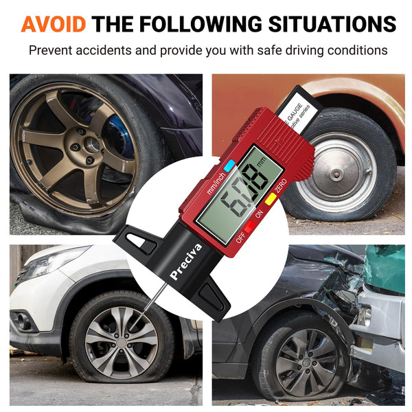 Tyre Tread Depth Gauge, Preciva Silver 0-25.4mm/Inch Digital Tire Checker UK, Tyres Depths Measuring Tool with Large LCD Screen for Cars, Trucks, Vans