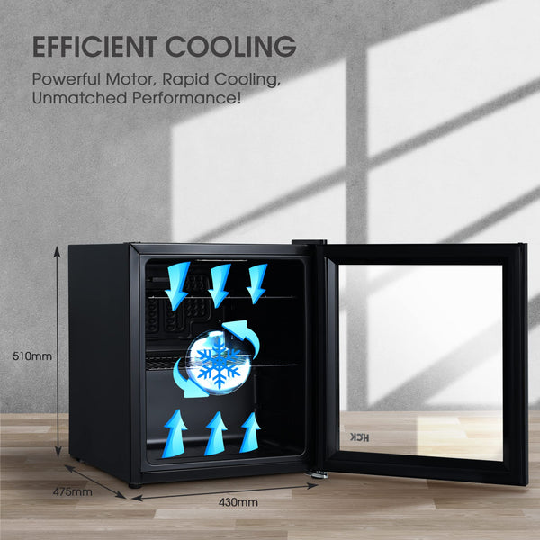 HCK 48L Mini Fridge with Glass Door, 0-15°C Cooling Zone and 2 Shelves, Compact Beverage Refrigerator Cooler for Bar and Living Room