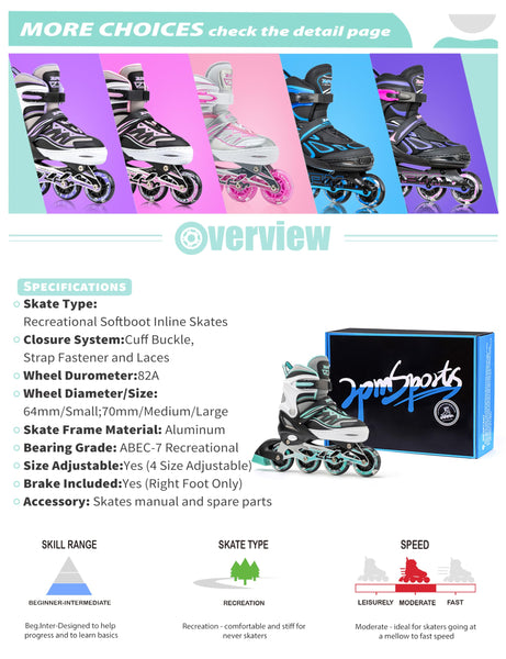 2pm Sports Adjustable Inline Skates, Stylish Design Beginner Roller Skates for Boys and Girls