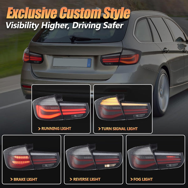 VLAND LED Rear Lights compatible with 3 Series Touring F31 2012-2018, w/Sequential Indicator, Driver & Passenger Side - Smoked