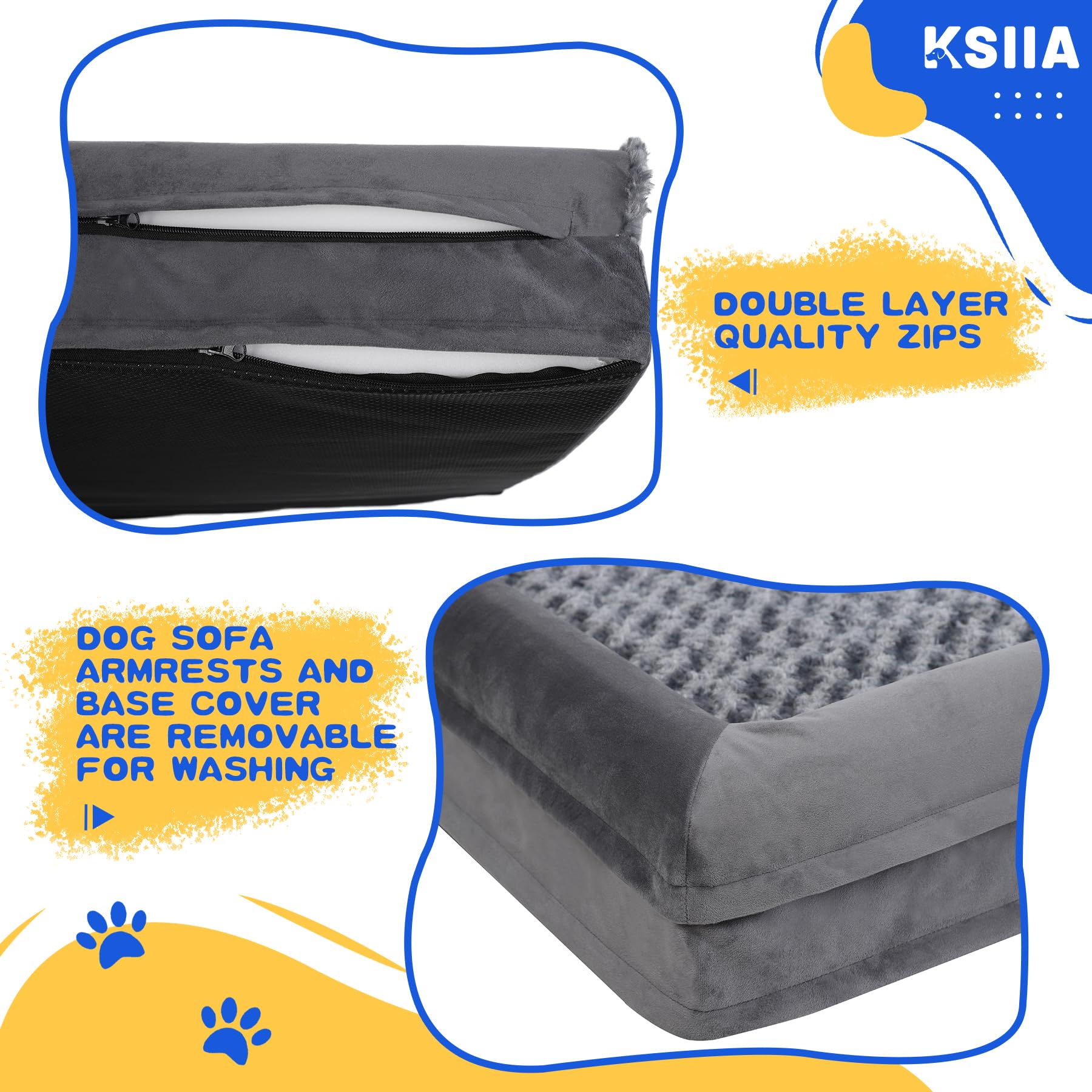 KSIIA Large Dog Bed, Orthopedic Dog Sofa Beds Couch with Removable Washable Cover, Waterproof Pet Sofa with U-Shape Bolster, Grey 88.9x55.88x16cm