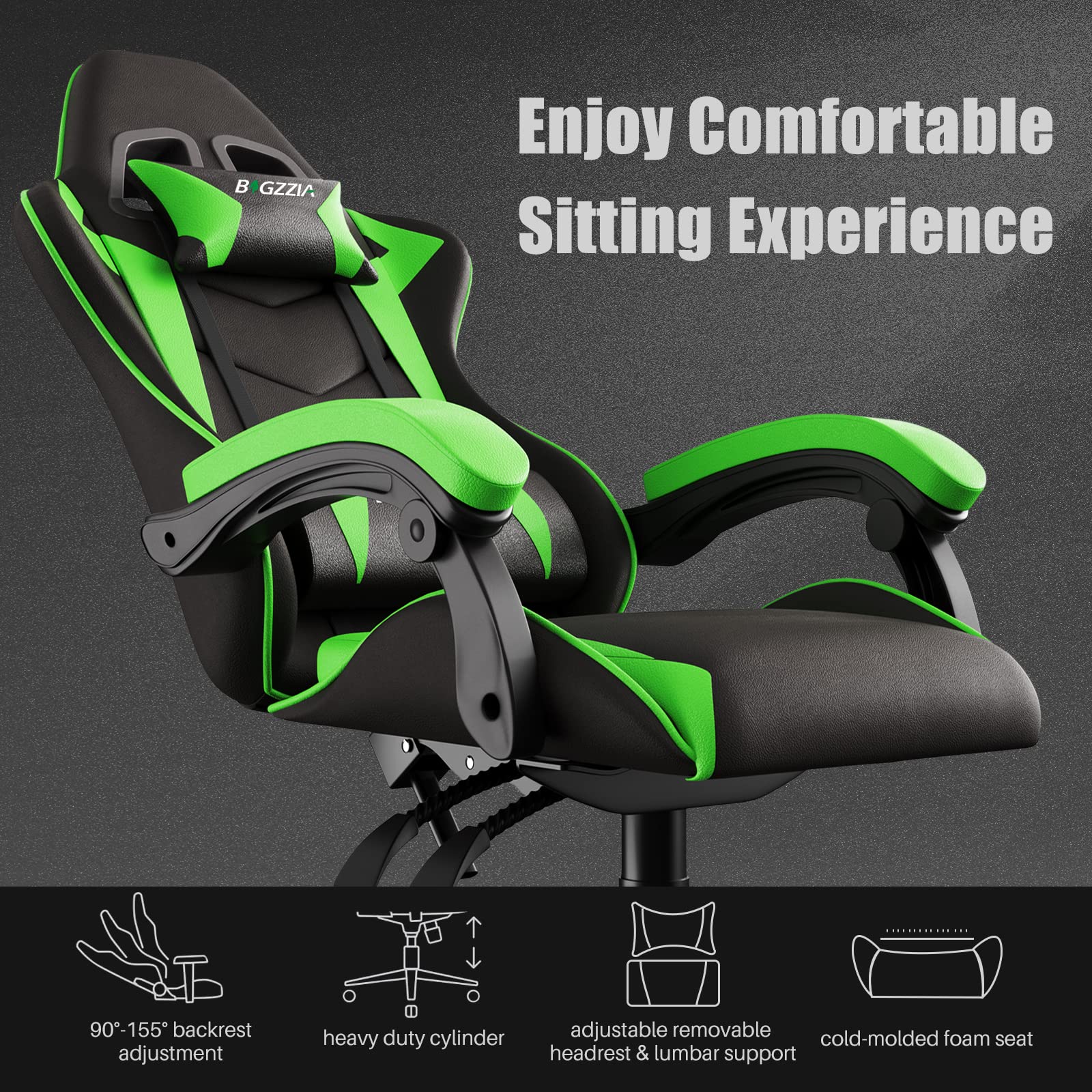 bigzzia Ergonomic Gaming Chair - Gamer Chairs with Lumbar Cushion + Headrest, Height-Adjustable Office & Computer Chair for Adults (without footrest, White)