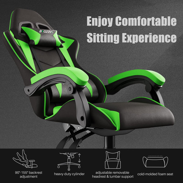 bigzzia Ergonomic Gaming Chair - Gamer Chairs with Lumbar Cushion + Headrest, Height-Adjustable Office & Computer Chair for Adults (without footrest, White)