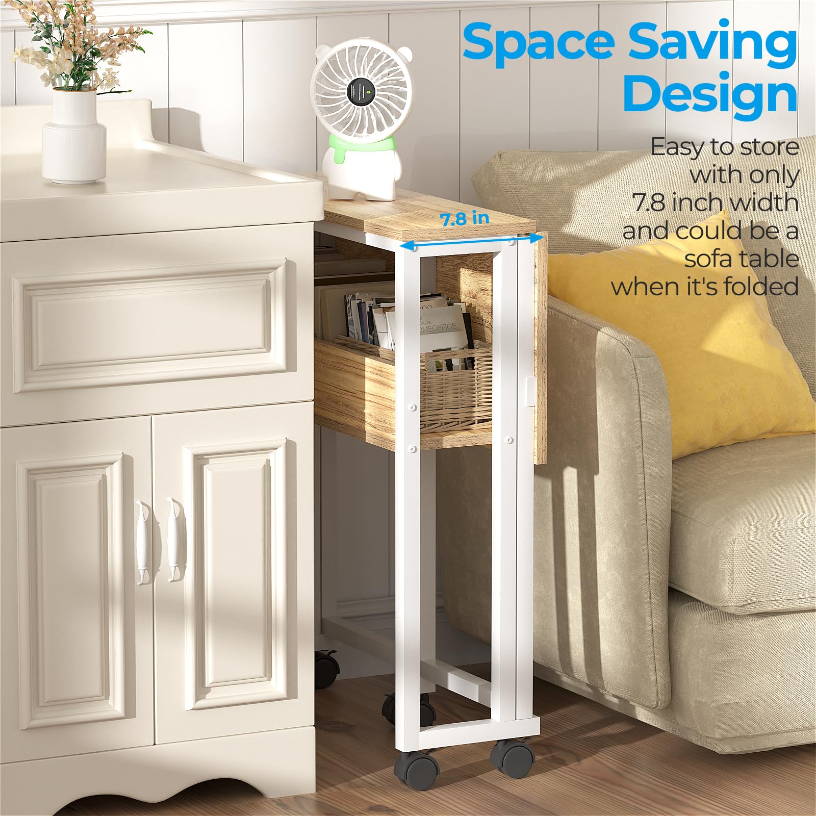 GreenForest Small Folding Desk with Storage Shelf,63 cm Computer Rolling Desk on Wheels Easy Assembly,Foldable desk for Small Space,Oak