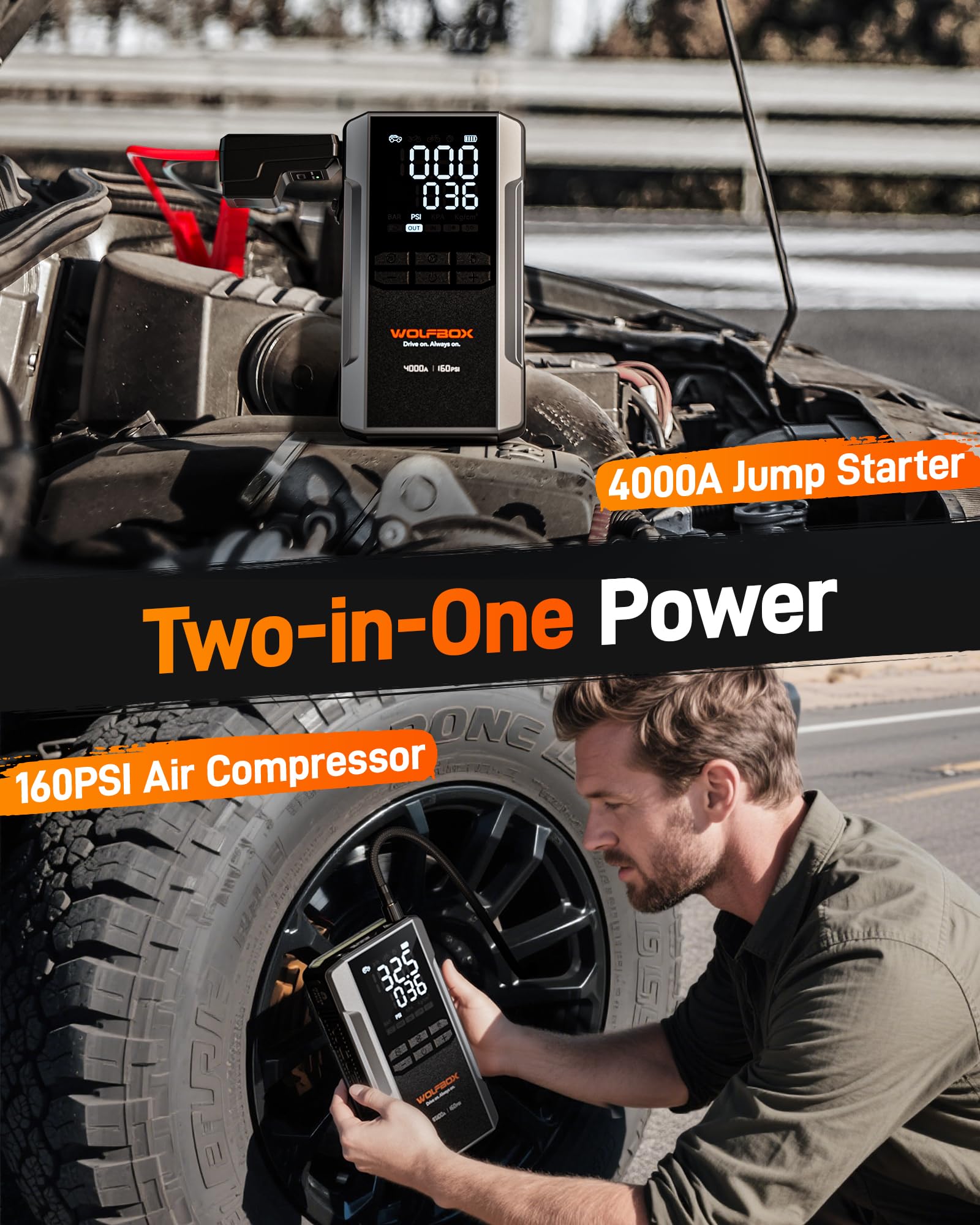 WOLFBOX 4000A Jump Starter Power Pack with 160PSI Air Compressor, 12V Car Battery Booster Jump Starter,65W Fast Charge, 24000mAh Portable Tire Inflator(10L Gas 10L Diesel Engines),LED Light,Jump Leads