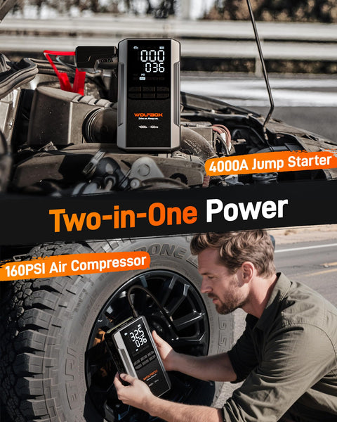 WOLFBOX 4000A Jump Starter Power Pack with 160PSI Air Compressor, 12V Car Battery Booster Jump Starter,65W Fast Charge, 24000mAh Portable Tire Inflator(10L Gas 10L Diesel Engines),LED Light,Jump Leads