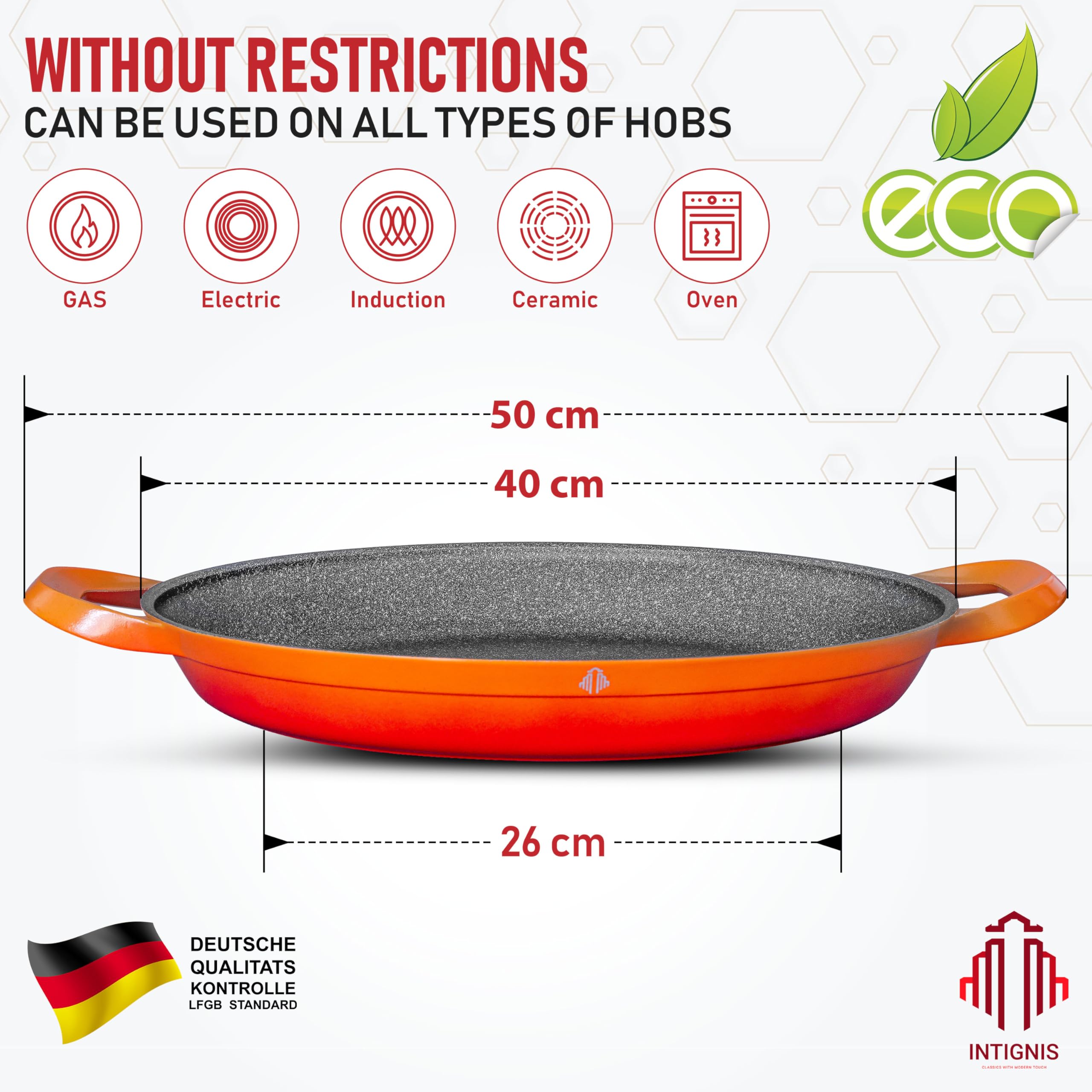 INTIGNIS Traditional Paella Pan 40cm  Non-Stick Induction | Heavy-Duty, Anti-Scratch, Stainless Steel Base | Paella+Pan for Gas, Electric & Ceramic