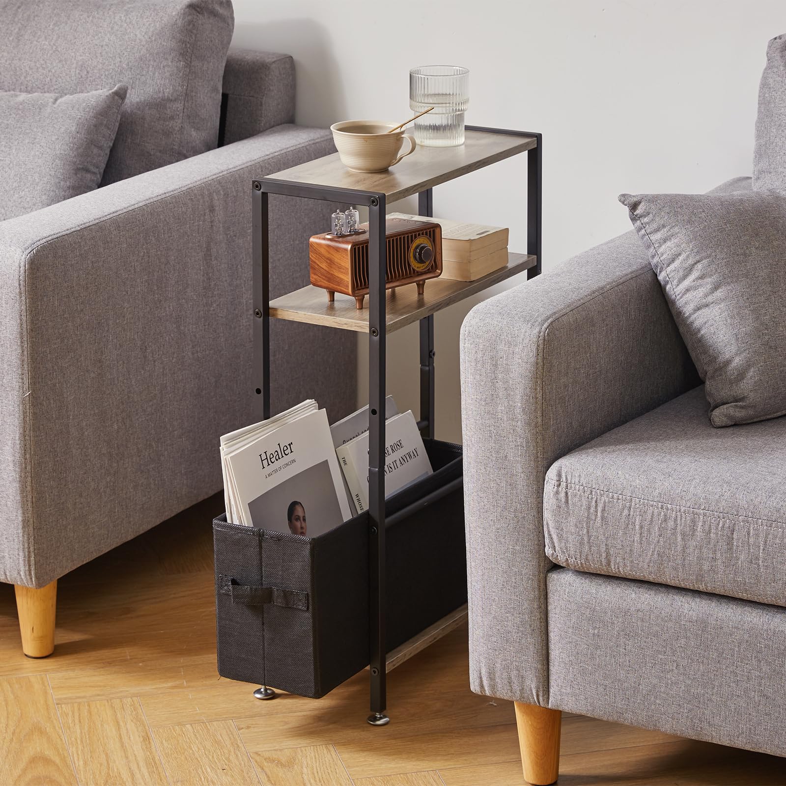 Aibiju Narrow Side Table with Storage Shelf,3-Tier Slim End Table with Fabric Basket,Modern Sofa Table Thin Side Table for Living Room, Bedroom