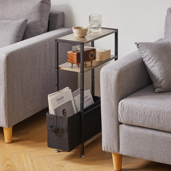Aibiju Narrow Side Table with Storage Shelf,3-Tier Slim End Table with Fabric Basket,Modern Sofa Table Thin Side Table for Living Room, Bedroom