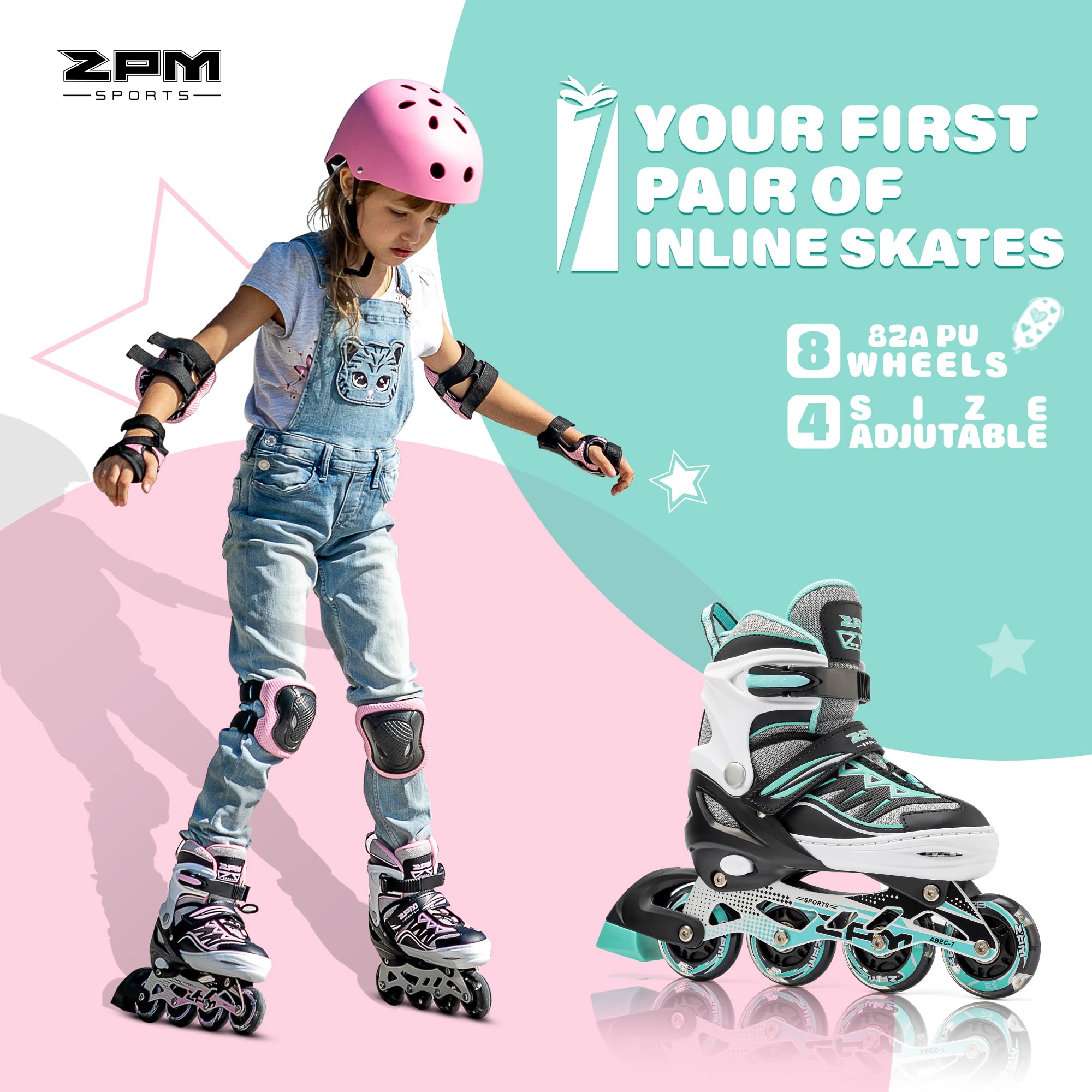 2pm Sports Adjustable Inline Skates, Stylish Design Beginner Roller Skates for Boys and Girls