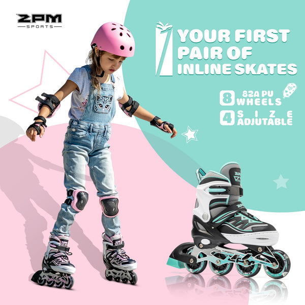 2pm Sports Adjustable Inline Skates, Stylish Design Beginner Roller Skates for Boys and Girls