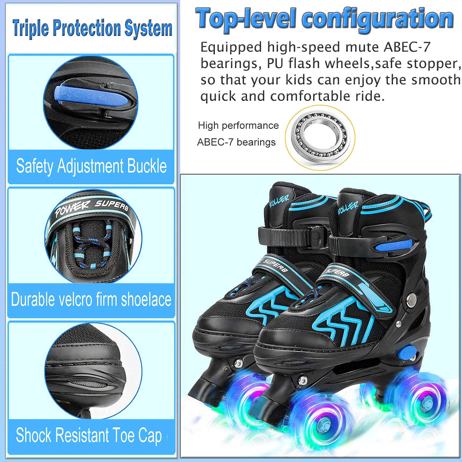 Adjustable Kids Roller Skates with Light Up Wheels, Fun Illuminating for Boys & Girls, Rollerskates for Kids Beginners, Suitable for Indoor & Outdoor