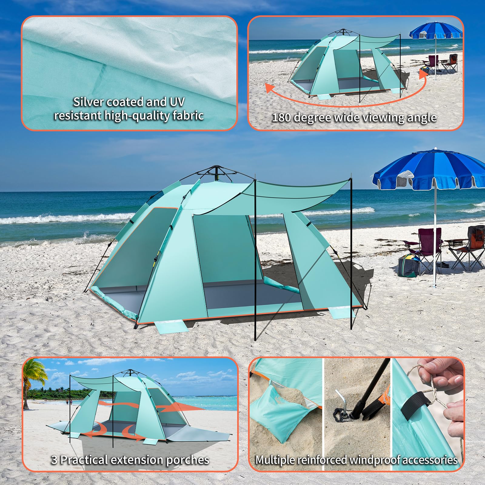 4-5 Person Instant Pop Up Automatic Beach Tent, Extra Large Portable Ventilated Automatic Beach Sun Shelter Tent, UPF 50+ Easy Setup Beach Tent for Picnic,Beach,Garden